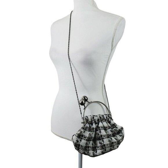 Vintage Jessica McClintock Tweed Handbag Purse Kiss Lock White Black Brown Small - Picture 7 of 11